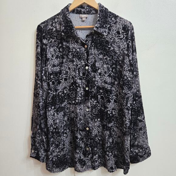 J Jill Womens Whimsigoth Silk Blend Velvet Oversized Semi-sheer Button Up Top L - Picture 1 of 12